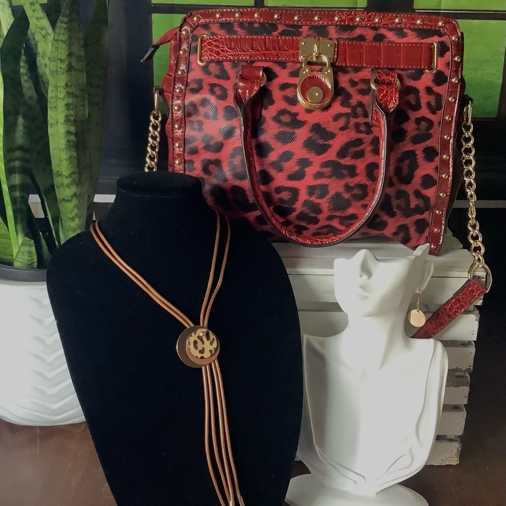 Beautiful red leopard print vegan leather handbag